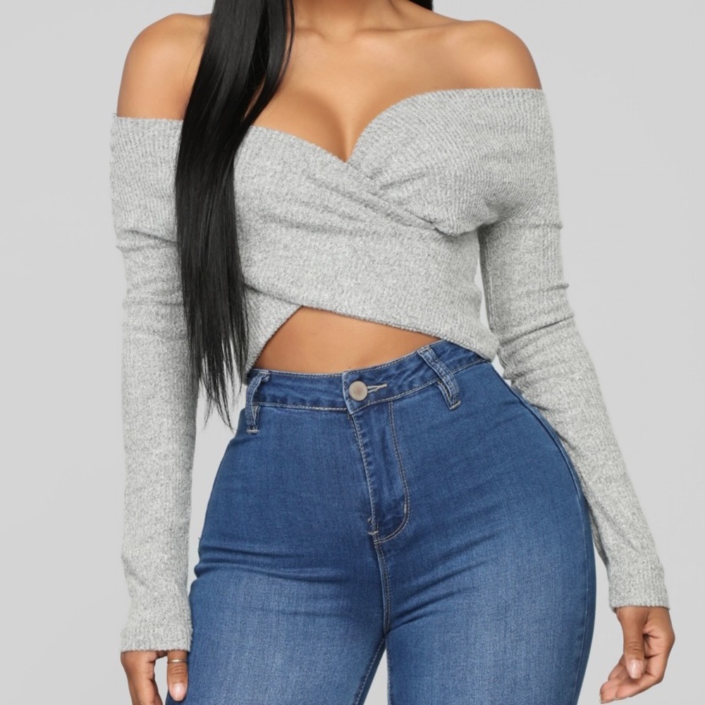 Fashion Nova Off The Shoulder Wrap Sweater - Gray
